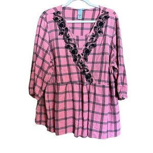 Catherines Top Womens 2X Multicolor Plaid Floral Embroidered Peasant Blouse